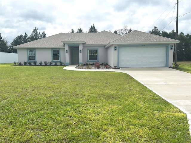 ranch-style house with a garage, concrete driveway, a front lawn, and stucco siding