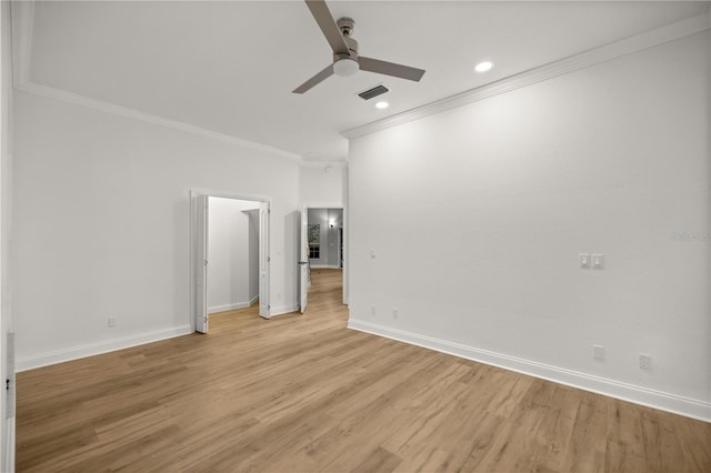 empty room featuring recessed lighting, a ceiling fan, baseboards, light wood-type flooring, and crown molding