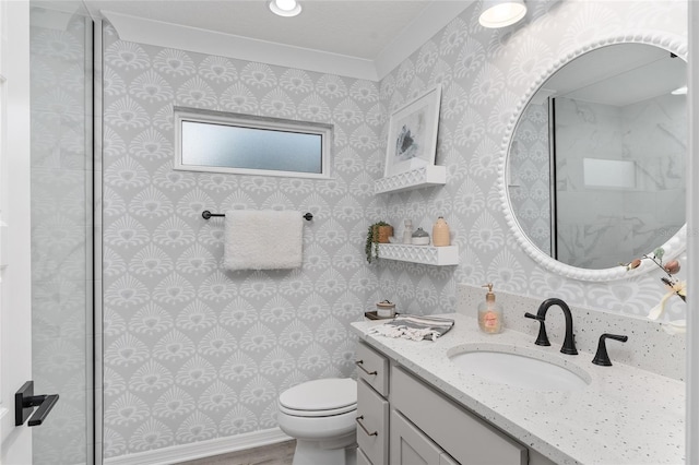 full bathroom with wood finished floors, vanity, toilet, and wallpapered walls