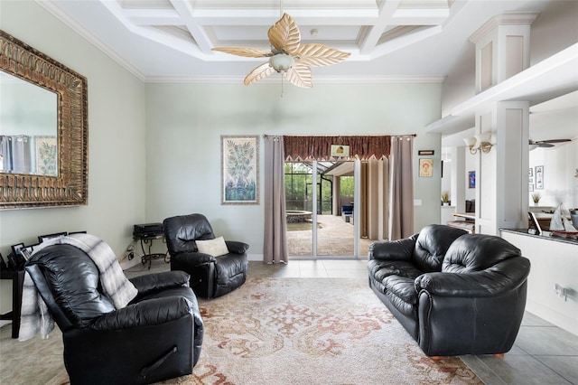 living room featuring ornamental molding, coffered ceiling, a ceiling fan, and a towering ceiling