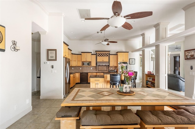 dining area with ornamental molding, ceiling fan, and light tile patterned flooring