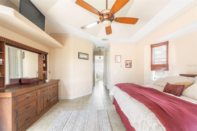 bedroom featuring baseboards, visible vents, light tile patterned floors, and crown molding