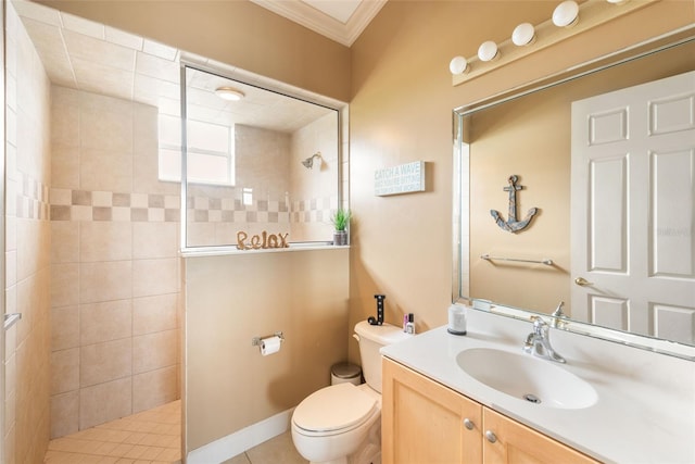 full bath with toilet, crown molding, vanity, and a walk in shower