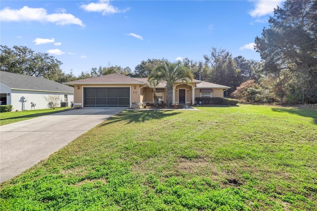 ranch-style home featuring a garage, driveway, a front lawn, and stucco siding