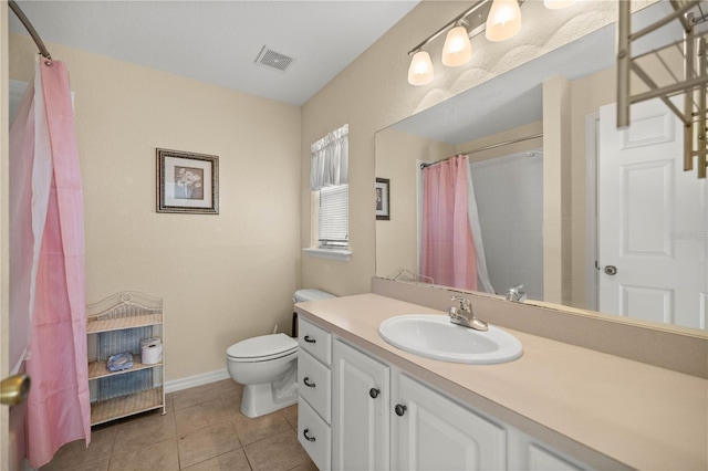 full bath with baseboards, visible vents, toilet, tile patterned floors, and vanity