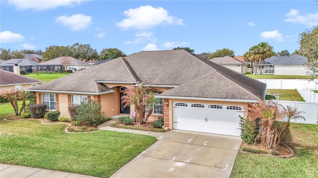 single story home featuring a garage, driveway, fence, and a front lawn