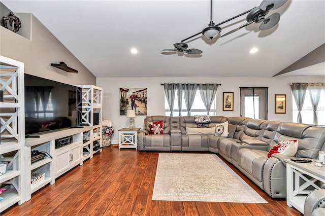 living room with ceiling fan, dark wood-style flooring, vaulted ceiling, and recessed lighting