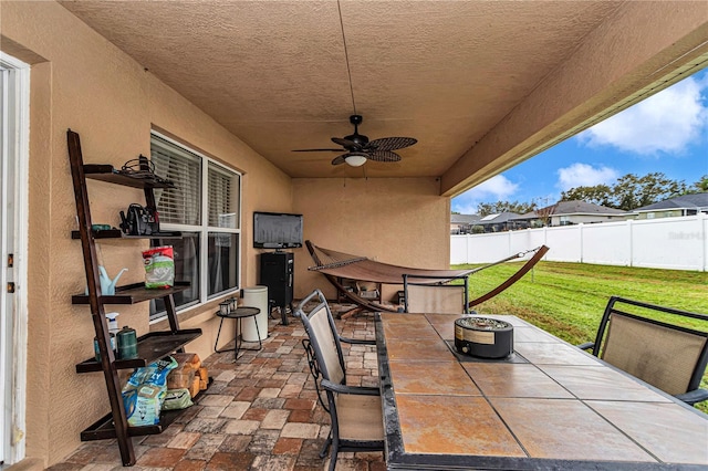 view of patio with a fenced backyard and ceiling fan