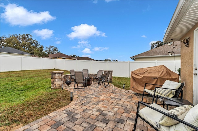 view of patio / terrace featuring a fenced backyard and grilling area