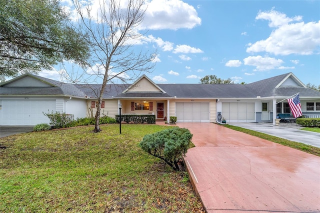 single story home with a garage, concrete driveway, and a front lawn