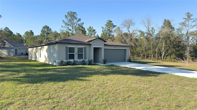 ranch-style home with driveway, stucco siding, a garage, and a front yard