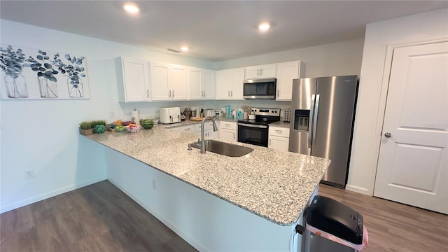 kitchen with a peninsula, dark wood-style flooring, a sink, white cabinetry, and appliances with stainless steel finishes