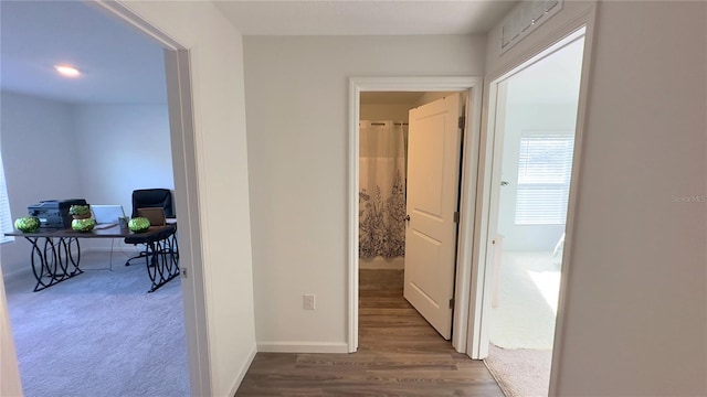 hallway featuring carpet flooring, baseboards, and wood finished floors