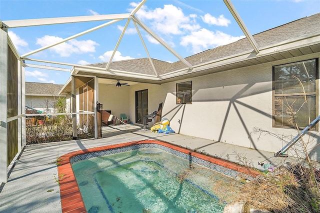 view of pool with a patio area, a jacuzzi, and a ceiling fan