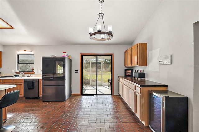 kitchen with beverage cooler, dishwasher, brick floor, refrigerator with glass door, and pendant lighting