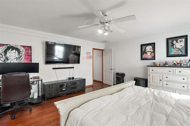 bedroom featuring ceiling fan and dark wood-style flooring