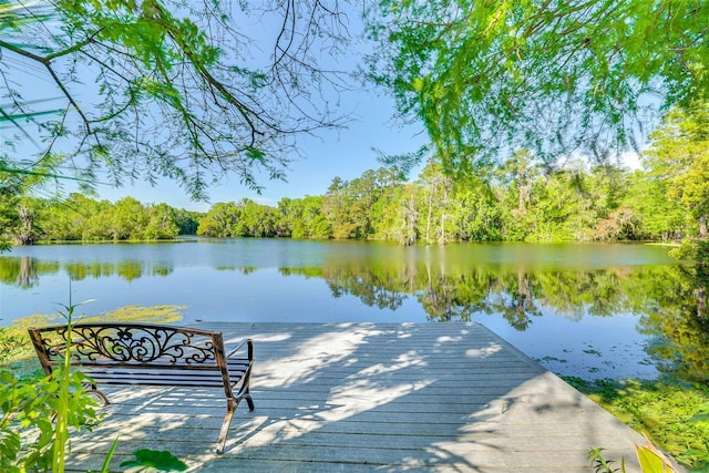 dock area with a water view and a wooded view