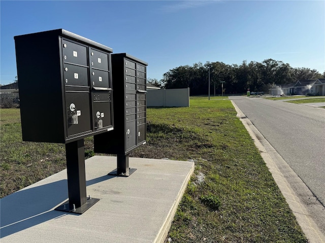 view of community featuring mail area, fence, and a lawn