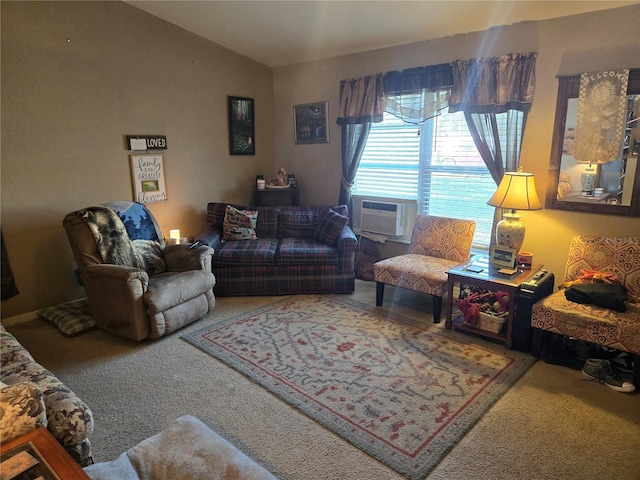 living room with vaulted ceiling, carpet, and cooling unit