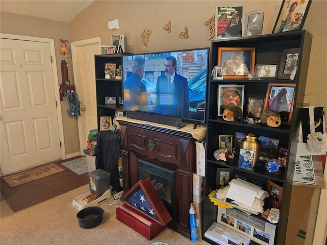 living room featuring lofted ceiling