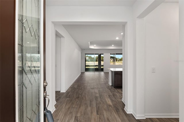 hall with a raised ceiling, baseboards, and dark wood-style flooring