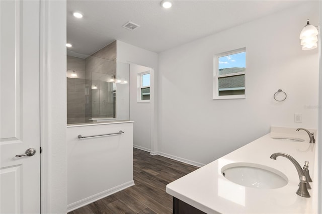 full bathroom with double vanity, walk in shower, a sink, and visible vents