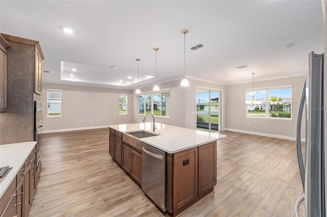 kitchen featuring stainless steel appliances, a sink, open floor plan, a tray ceiling, and light wood finished floors