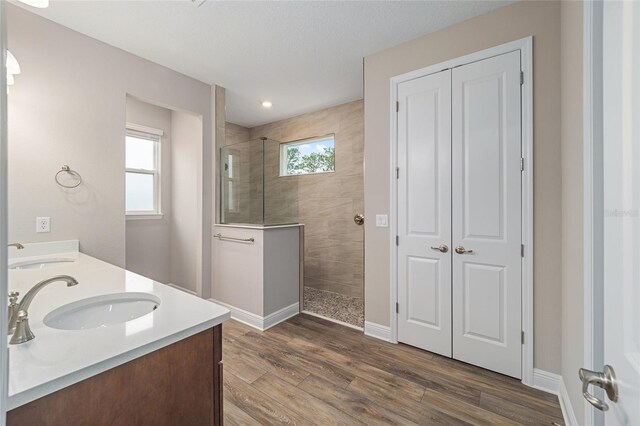 bathroom with wood finished floors, walk in shower, a sink, and a wealth of natural light