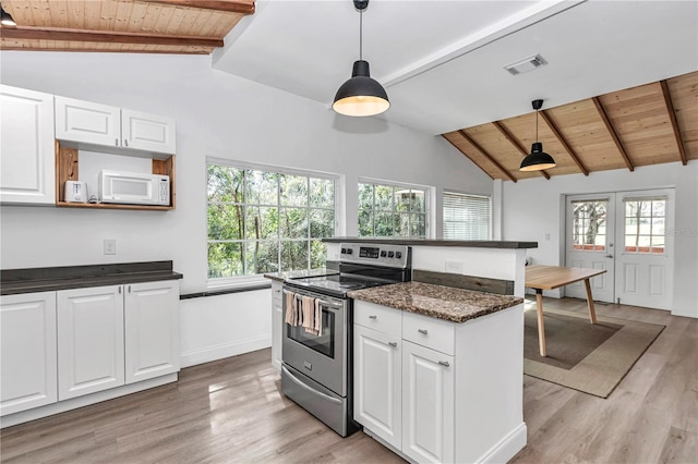 kitchen with decorative light fixtures, stainless steel electric stove, visible vents, wood ceiling, and white cabinetry