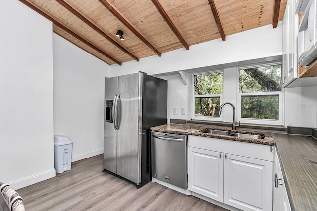 kitchen featuring appliances with stainless steel finishes, wood ceiling, white cabinets, and a sink