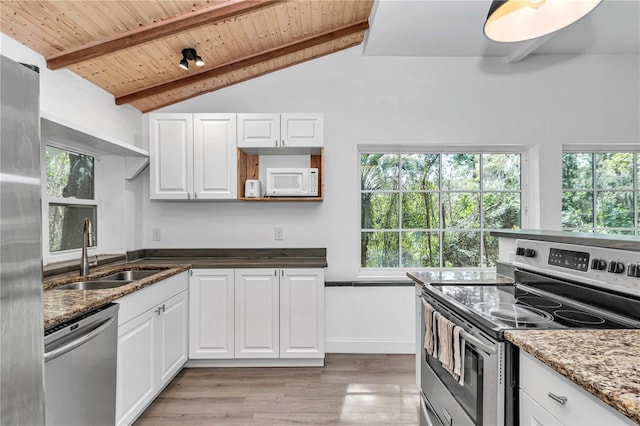 kitchen with dark stone counters, wood ceiling, appliances with stainless steel finishes, white cabinetry, and a sink