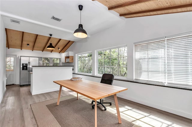 office featuring lofted ceiling with beams, wooden ceiling, visible vents, baseboards, and light wood finished floors