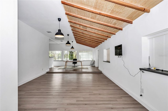 interior space featuring wood ceiling, vaulted ceiling with beams, and wood finished floors