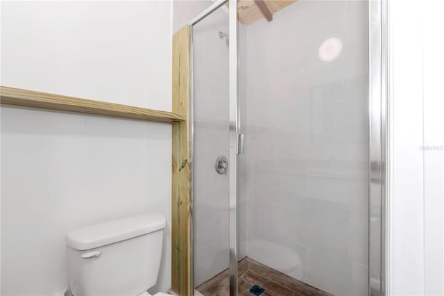 bathroom with a stall shower and toilet