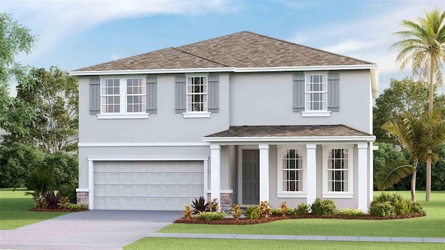 traditional home featuring a front lawn, concrete driveway, an attached garage, and stucco siding