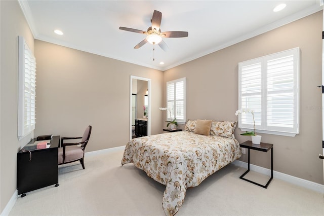 bedroom with ornamental molding, carpet, and baseboards