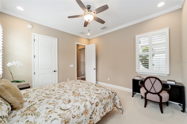 bedroom featuring visible vents, carpet flooring, and ornamental molding