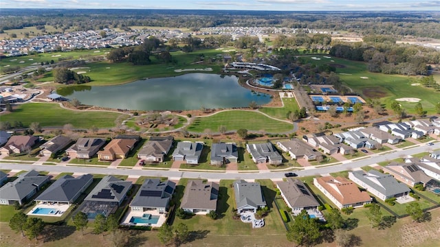 birds eye view of property with a water view, view of golf course, and a residential view