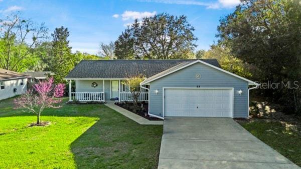 ranch-style home with a front lawn, covered porch, concrete driveway, and a garage