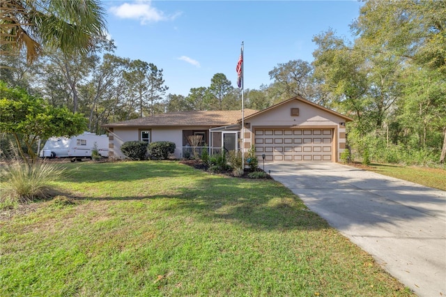 ranch-style home with a garage, a front yard, concrete driveway, and stucco siding