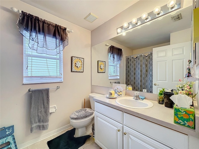 full bath featuring toilet, tile patterned flooring, vanity, and visible vents