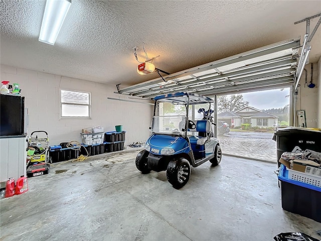 garage with a garage door opener and concrete block wall