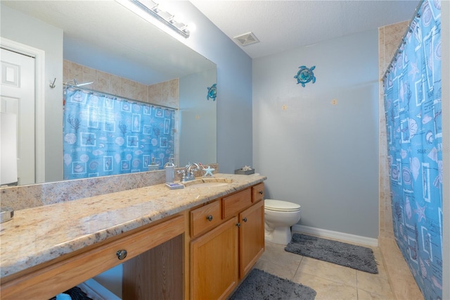 full bathroom featuring visible vents, curtained shower, toilet, tile patterned floors, and vanity