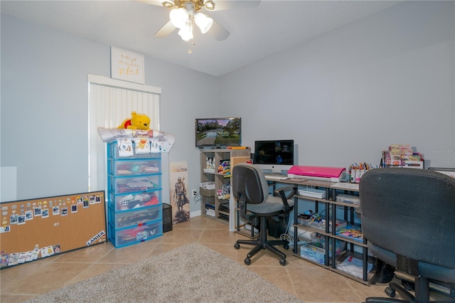 tiled office with a ceiling fan