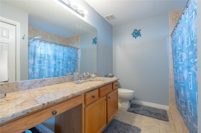 bathroom with vanity, a shower with curtain, visible vents, tile patterned floors, and toilet