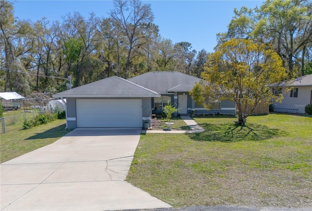 ranch-style home with stucco siding, driveway, a front lawn, fence, and a garage