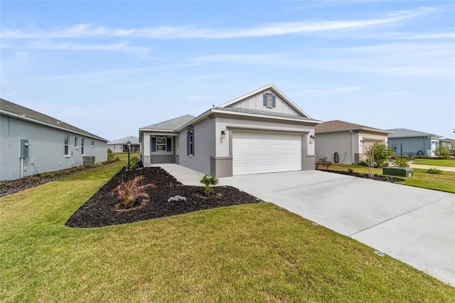 single story home featuring a front yard, driveway, an attached garage, and stucco siding