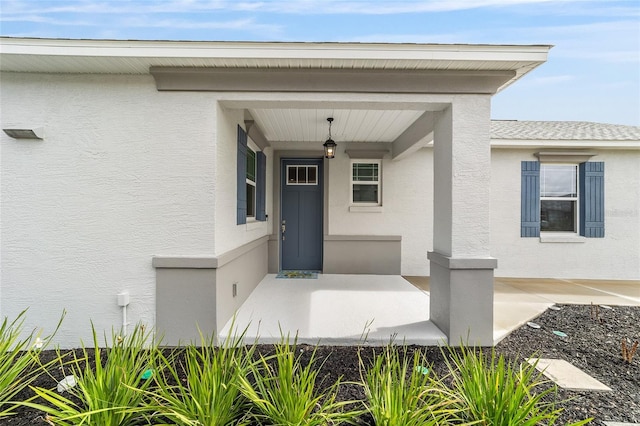 view of exterior entry with stucco siding