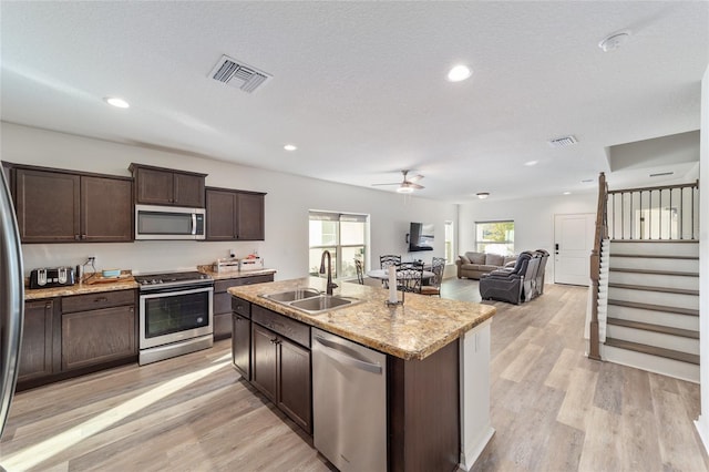 kitchen featuring a center island with sink, visible vents, stainless steel appliances, light wood-style floors, and a sink