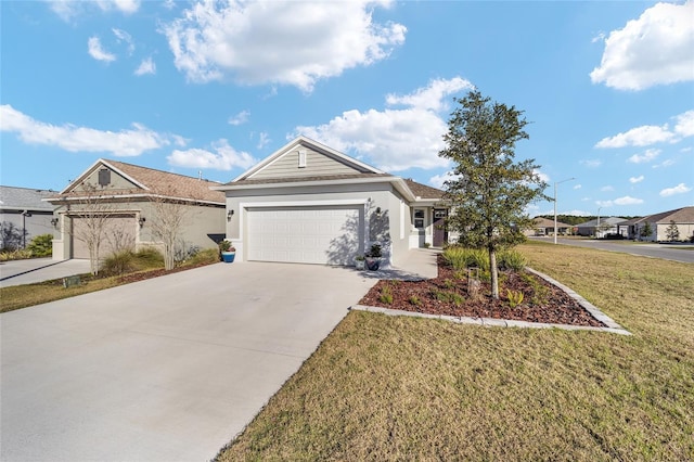 single story home featuring a garage, driveway, a front lawn, and stucco siding